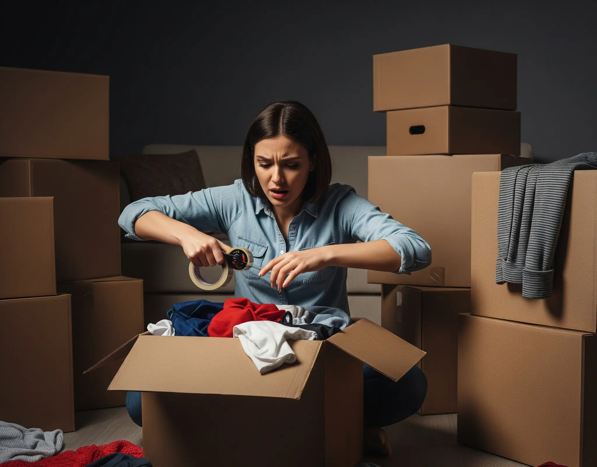 A person urgently packing moving boxes.